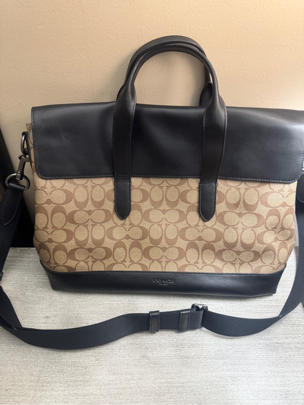Coach Brown Signature Canvas Messenger with Black Leather Trim